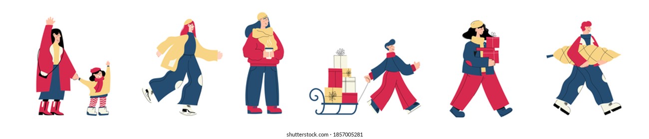 Set of People Characters with Holiday and Winter activity scenes. Man and Woman shopping, buying presents, drinking mulled wine, greeting each other, ice skating; carrying Christmas tree