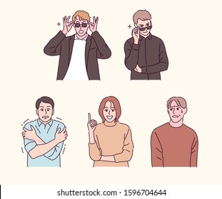 Set of people characters making various emotional gestures. hand drawn style vector design illustrations. 
