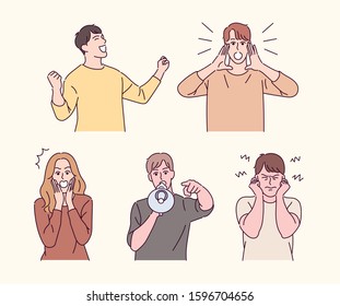 Set of people characters making various emotional gestures. hand drawn style vector design illustrations. 