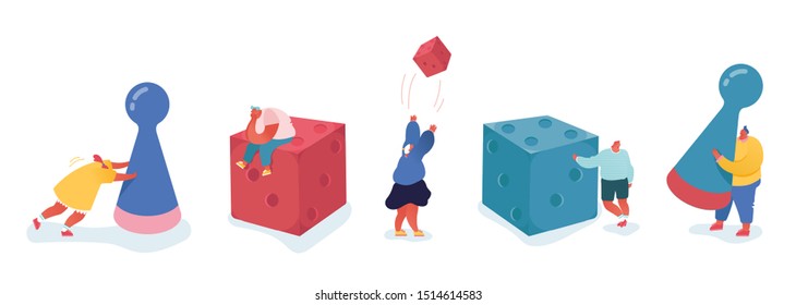 Set of People characters playing board game, throwing the dice. Business risk and gambling concept. Strategic planning, Teamwork concept. Winning Male and Female Illustration. Cartoon vector