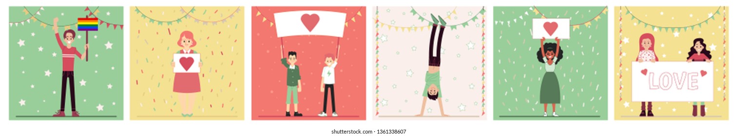 Set of people characters standing with heart image banners cartoon style, vector illustrations on color background. Peace and love demonstration, happy male and female parade participants