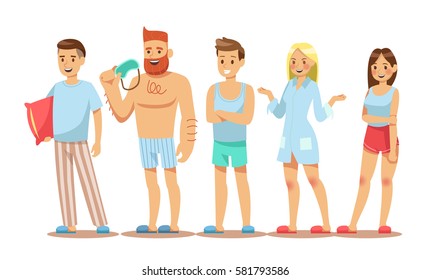 Set of people characters wear pajamas. Bedtime Happy boy and girl in pajamas with pillow and Blindfolds. Vector illustration design.