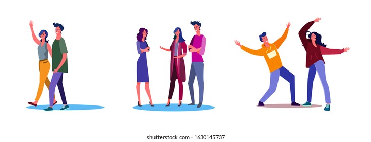 Set of people chatting and dancing together. Flat vector illustrations of couple greeting and waving hands. Communication, dancing, going out concept for banner, website design or landing web page