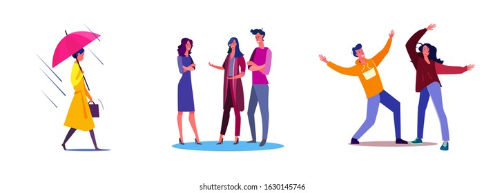 Set of people chatting and dancing together. Flat vector illustrations of woman walking in rain. Rainy weather, conversation, dancing, going out concept for banner, website design or landing web page