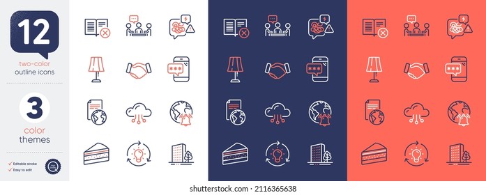 Set Of People Chatting, Reject Book And Idea Line Icons. Include Buildings, Cloud Computing, Cake Icons. Handshake, Table Lamp, Stress Web Elements. Phone Password, Translation Service. Vector