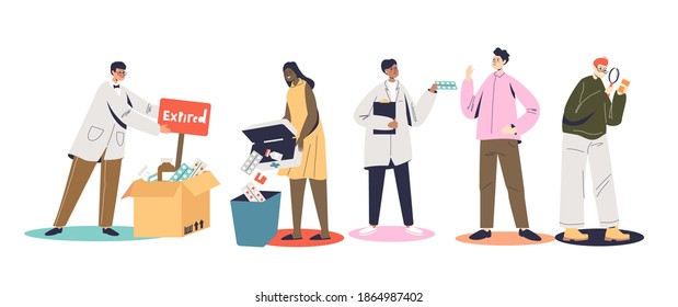 Set of people checking and throwing expired medicines, pills and drugs. Cartoon characters examining out of date medical treatment. Flat vector illustration