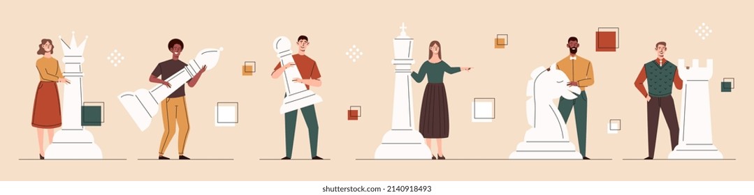 Set people with chess. Collection of images of people with figures, smart and intellectual game, strategy. Graphic elements for website. Cartoon flat vector illustrations isolated on white background