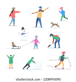 A set of people, children and dog active in the winter outdoors. Playing snowballs, skiing, sledding, clearing snow, running, having fun. Vector illustration isolated on white background