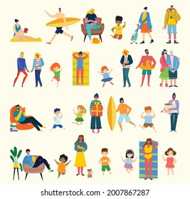 Set of people, children, men and women with different signs. Vector graphic objects for collages and illustrations. Modern colorful flat style.