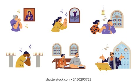 Set of people at church flat style, vector illustration isolated ob white background. Decorative design elements collection, religion, pray and confess, kids and adults