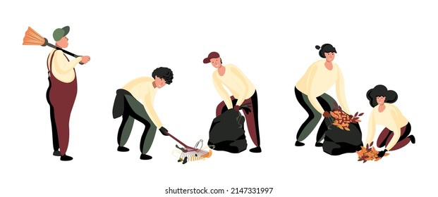 Set of people cleaning dry leaves and garbage. Flat vector isolated illustration