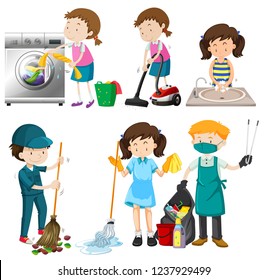 Set of people cleaning illustration