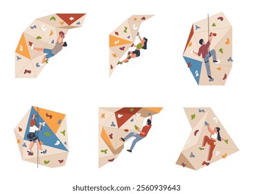 Set of people climbing up in bouldering park. Extreme sport activity. Modern flat cartoon illustration isolated on white background