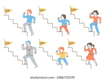 Set of people climbing stairs toward goal_color