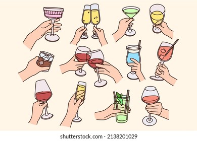 Set of people with clink glasses drink cocktails celebrate party together. Collection of persons enjoy celebration say cheers toast at festive event. Flat vector illustration. 