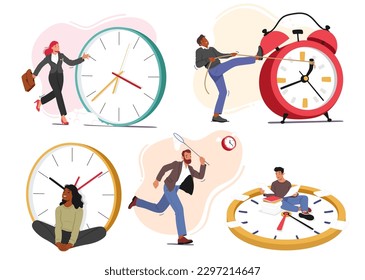 Set of People and Clocks, Concept of Time with Male and Female Characters Hurry, Trying to Reverse Arrows, Enjoying Time or Deadline. Life Planning and Balance. Cartoon Vector Illustration