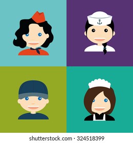Set of people with clothes on colored backgrounds