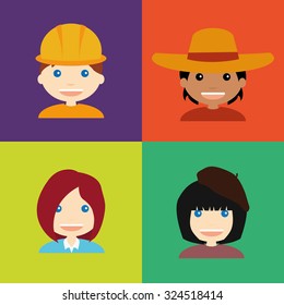 Set of people with clothes on colored backgrounds