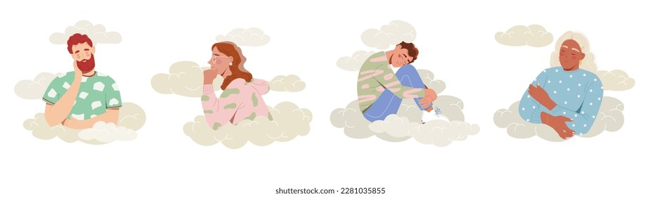 Set of people in clouds. Collection of characters in sky. Dream and imagination. Sleep and rest. Carefree characters with inspiration. Cartoon flat vector illustrations isolated on white background