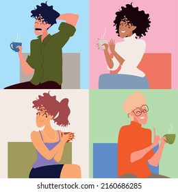 set of people and coffee cups