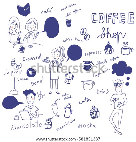 Set of people in coffee shop such as girl talking, waitress, people meeting, man with laptop. Wordings regarding coffee menu, think cloud, idea cloud, idea bulbs are included.