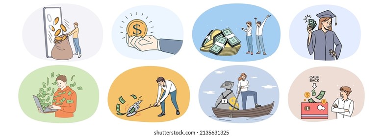 Set of people with coins and banknotes excited with money income or profit. Collection of diverse men and women saving finances for future need. Dividend and passive revenue. Vector illustration. 