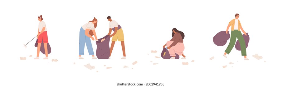 Set of people collecting garbage into trash bags. Eco-volunteers picking plastic litter and cleaning environment. Activists with rubbish. Flat vector illustration isolated on white background