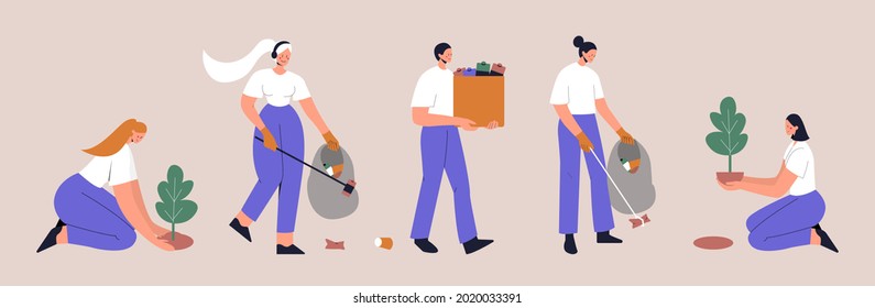 Set of people collecting garbage into trash bags. Eco-volunteers clean the polluted environment from garbage and plant trees. Flat vector illustration on isolated background. Eps 10.