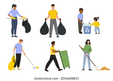 Grupo de personas recogiendo basura. Hombres, mujeres y niños limpian el planeta de la basura. Los personajes ponen botellas de plástico y envolturas en botellas de basura. Colección vectorial plana de dibujos animados aislada en fondo blanco