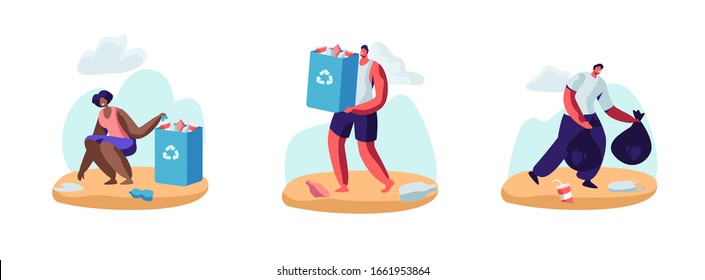 Set of People Collecting Trash into Bags on Beach. Pollution of Seaside with Different Kinds of Garbage. Volunteers Clean Up Wastes on Ocean Coast. Ecology Protection. Cartoon Flat Vector Illustration