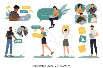 Set of people communicating. Men and women friends, couples or colleagues chatting online, sending messages and having conversation. Flat vector illustration collection isolated on background