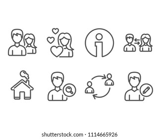 Set of People communication, Teamwork and User communication icons. Search people, Love and Edit person signs. Man with woman, Human resources, Find profile. Woman in love, Change user info. Vector