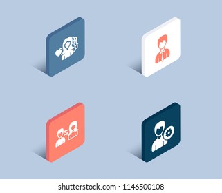 Set of People communication, Woman love and Businessman icons. Support sign. People talking, User data, Edit profile.  3d isometric buttons. Flat design concept. Vector