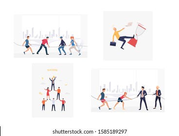 Set of people competing in tug-of-war. Flat vector illustrations of cartoon characters pulling on opposite ends of rope in city. Success concept for banner, website design or landing web page