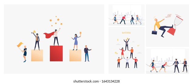 Set of people competing in tug-of-war. Flat vector illustrations of cartoon characters pulling on opposite ends of rope in city. Success concept for banner, website design or landing web page