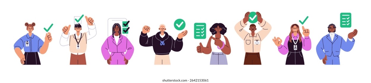 Set of people with completed tasks. Men and women with done goals in checklist with checkboxes. Happy characters are planning successfully work schedule. Flat isolated vector illustration on white