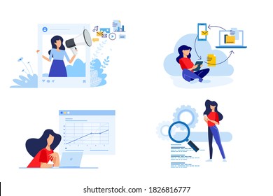 Set of people concept illustrations. Vector illustrations of social media, digital marketing, cloud computing, busines analysis, seo.