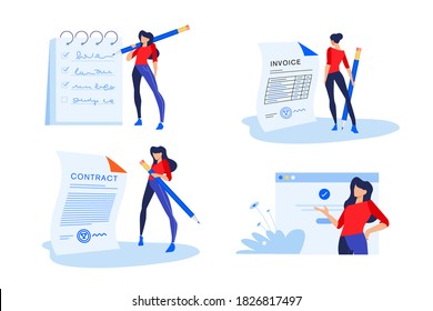 Set of people concept illustrations. Vector illustrations of business documents, check list, contract, invoice, business app, online questionnaire.