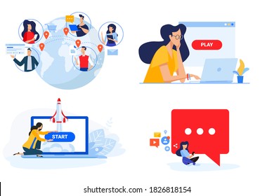 Set of people concept illustrations. Vector illustrations of social network, internet community, video streaming, startup, launching a web project.