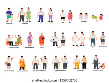 set of people consist of medical rehabilitation staff, people with disability, elderly and pregnant woman flat cartoon character design set