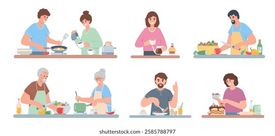 Set of people cooking and eating. Female and male characters preparing food, having breakfast or dinner. Vector cartoon or flat illustration isolated on white background..