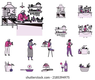 a Set of people cooking food in kitchen vector illustration to design banners, posters, backgrounds, ...etc.