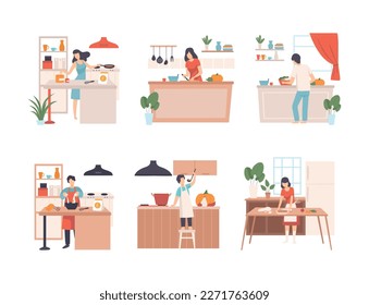 Set of people cooking in kitchen. Men and women cooking tasty healthy dishes at home cartoon vector illustration