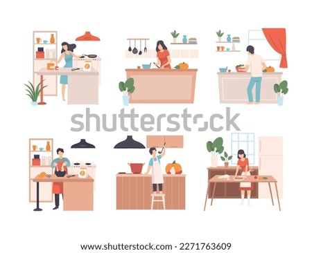 Set of people cooking in kitchen. Men and women cooking tasty healthy dishes at home cartoon vector illustration