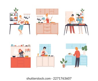 Set of people cooking in kitchen. Young women and men cooking and baking tasty healthy meal at home cartoon vector illustration