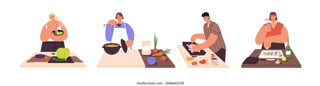 Set de personas cocinando comidas en la cocina de casa. Feliz hombre y mujer preparando comida para la cena. La persona prepara platos caseros a partir de verduras y carne. Ilustraciones vectoriales planas aisladas en fondo blanco