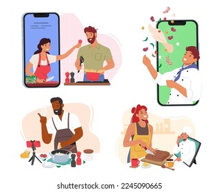 Set of People Cooking Online Concept. Male and Female Characters Use Internet for Preparing Food, Learning Video Tutorials or Broadcast Recipes in Virtual Blogs. Cartoon Vector Illustration