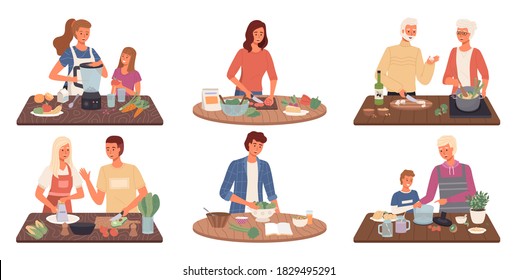 Set of people cooking vegetarian food. Healthy cooking, recipes, fresh vegetables. Family preparing vegetarian meal, they preparing food and making fun in kitchen. Cook salad for vegan lifestyle diet