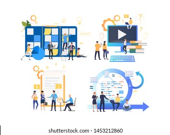 Set of people cooperating at work. Group of men and women analyzing business. Business concept. Vector illustration can be used for presentation slide, new project, commercial