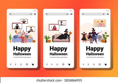 set people in costumes discussing during video call happy halloween holiday celebration concept online communication self isolation smartphone screens collection horizontal vector illustration